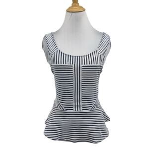 Bebe Top Womens M Medium Black White Striped Sleeveless Scoop Zip Back Peplum
